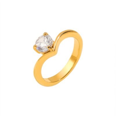 Gold and silver stainless steel solitaire crystal ring with round stone