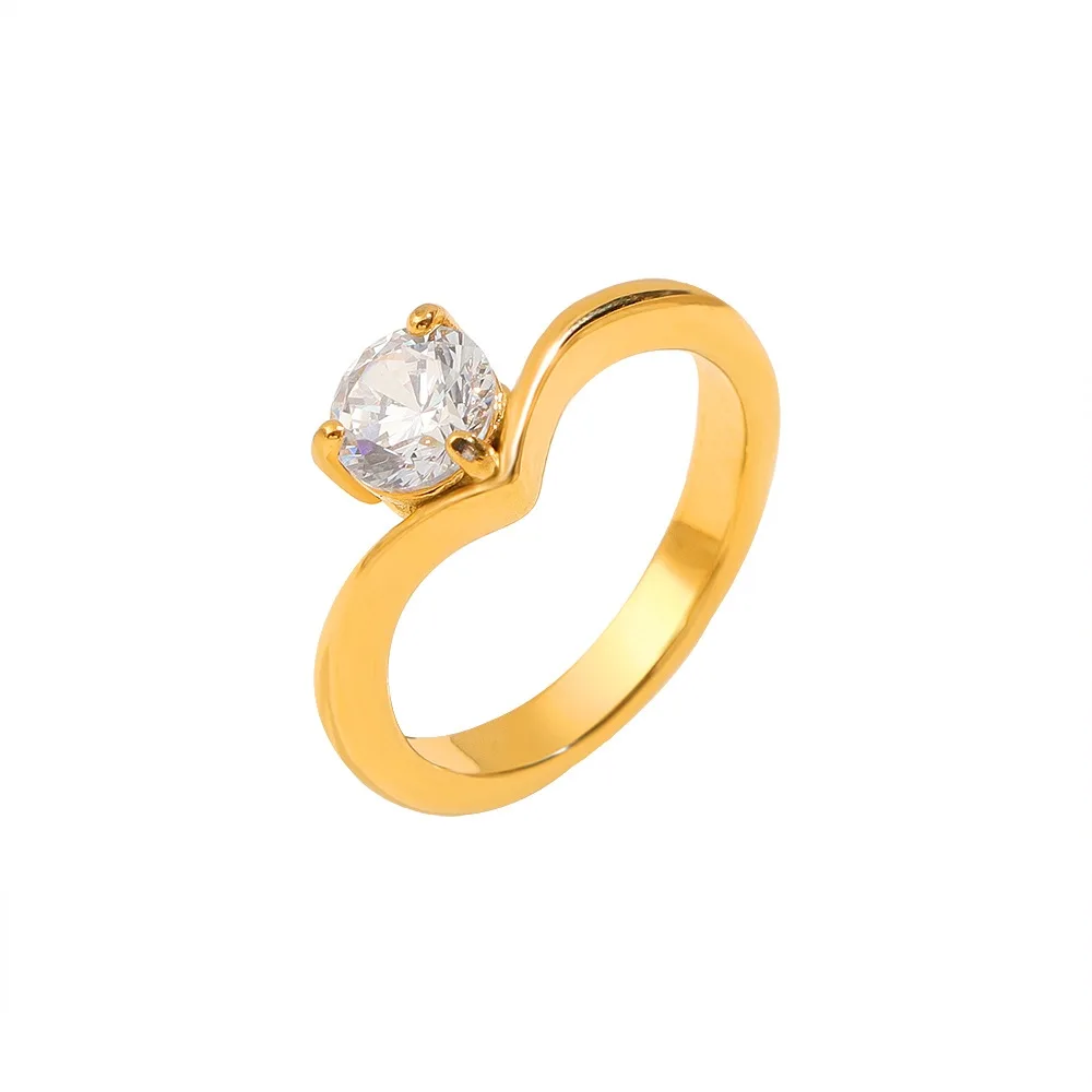 Gold and silver stainless steel solitaire crystal ring with round stone
