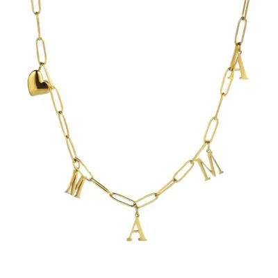 Gold plated stainless steel charm chain necklace with initial and heart charms
