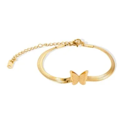Gold stainless steel butterfly snake chain bracelet with butterfly charm