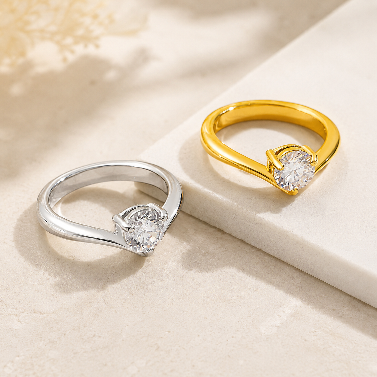 Gold and silver stainless steel solitaire crystal rings with round crystal setting