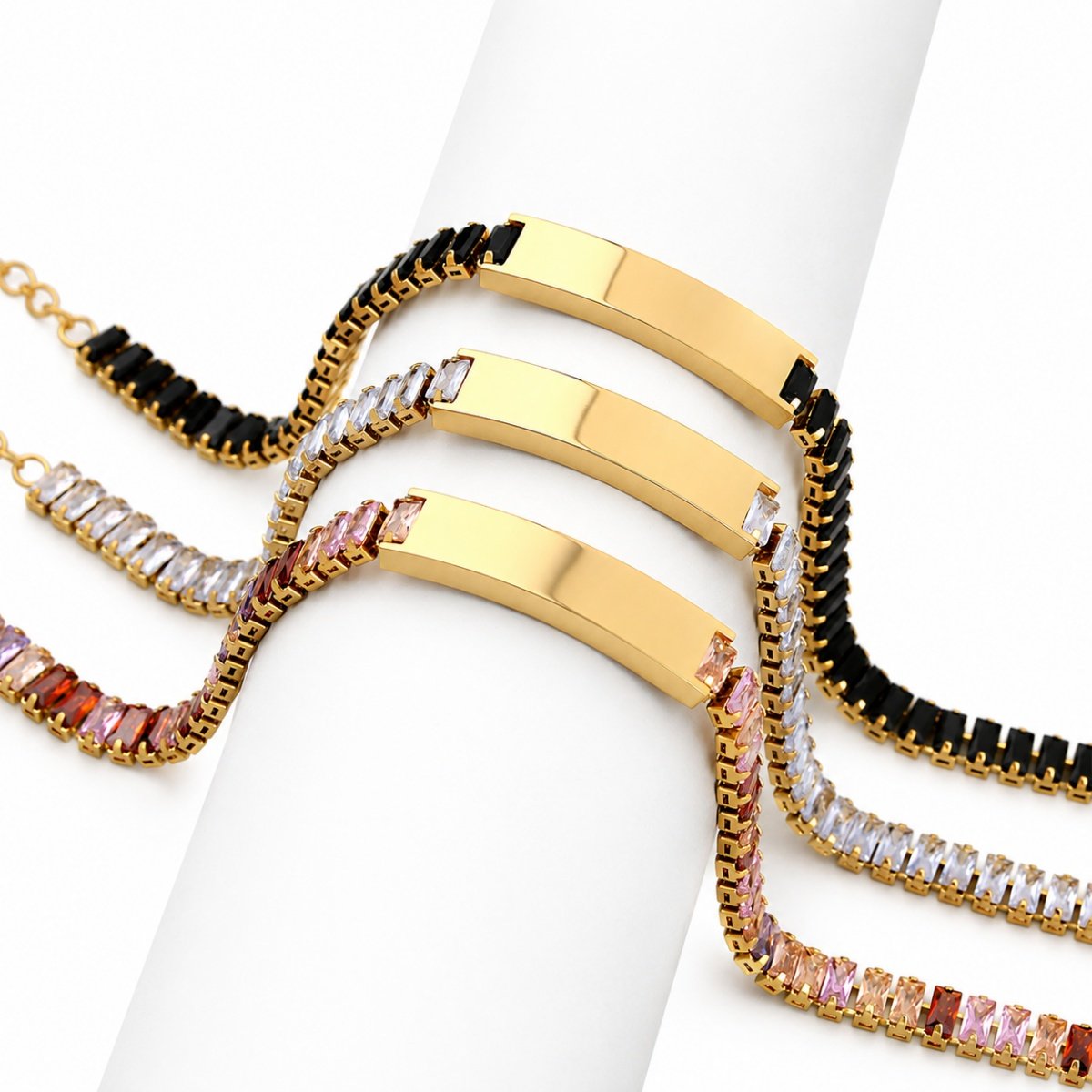 Gold plated stainless steel crystal bar bracelet with colorful crystal stones