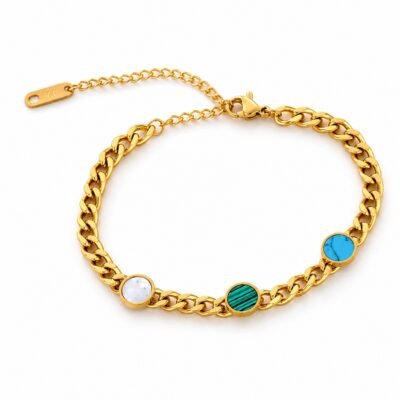 Gold stainless steel color stone chain bracelet with round stone accents