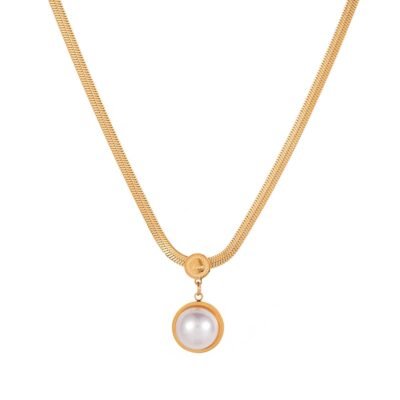 Gold stainless steel pearl snake chain necklace with round pearl pendant