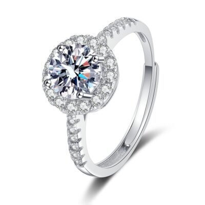 Silver stainless steel CZ halo ring with round center stone