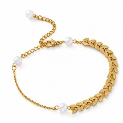 Gold stainless steel pearl leaf chain bracelet with leaf links