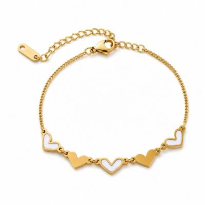 Gold stainless steel enamel heart chain bracelet with white heart charms