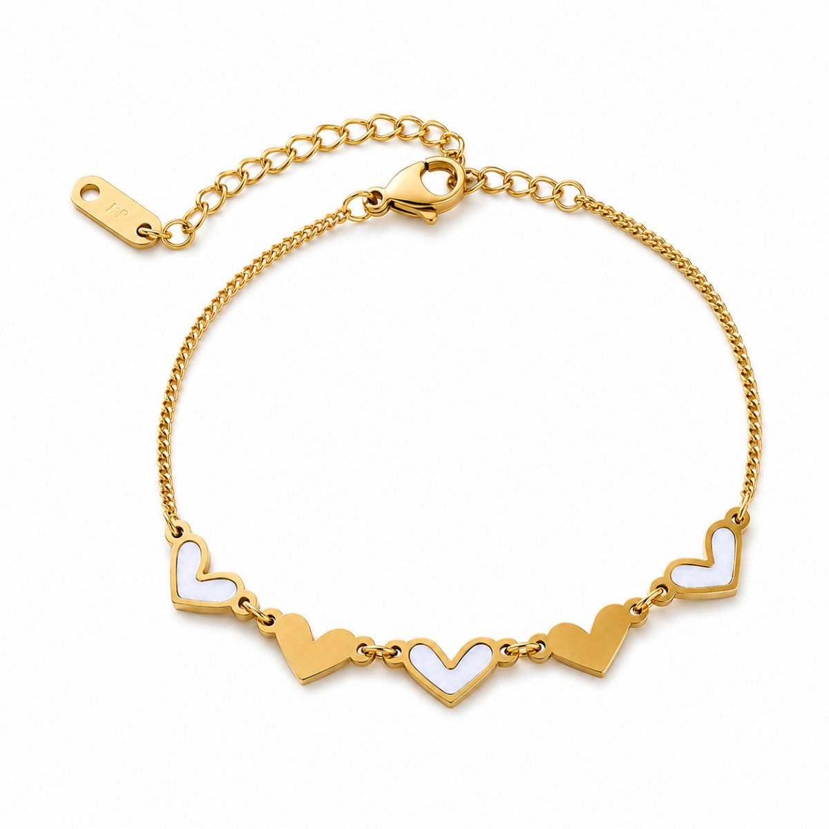 Gold stainless steel enamel heart chain bracelet with white heart charms