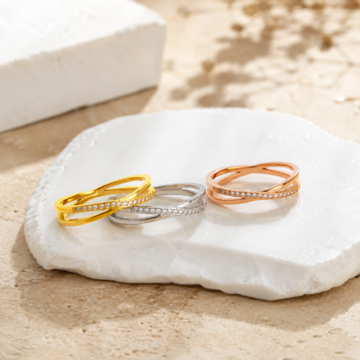 Gold silver and rose gold stainless steel crystal cross band rings with crossover design