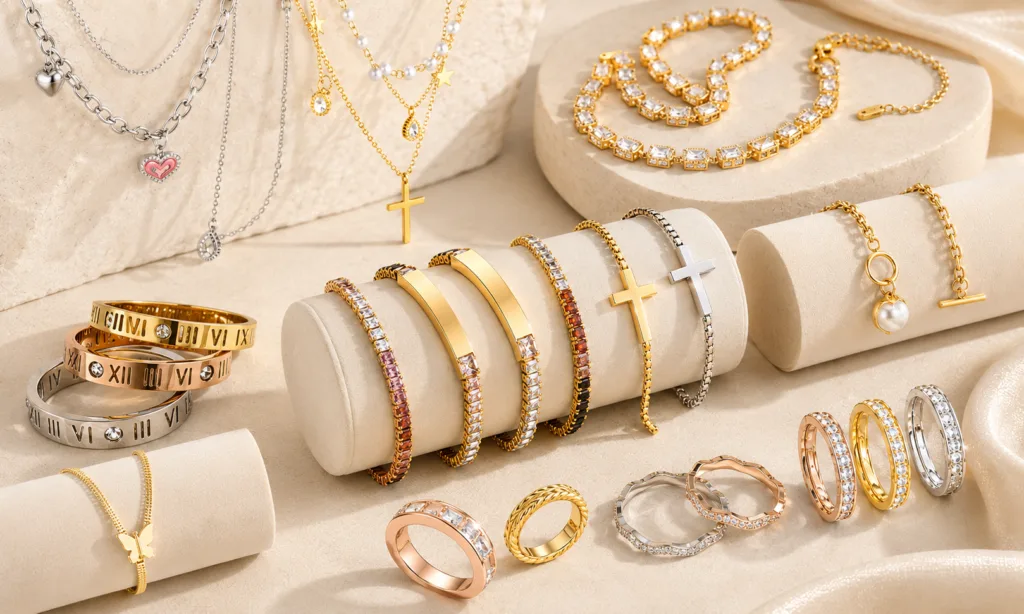 Custom stainless steel jewelry collection with necklaces bracelets and rings