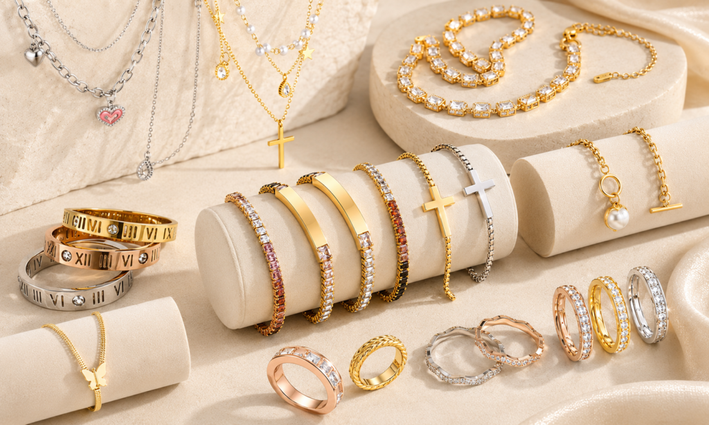 304 and 316L stainless steel jewelry with necklaces bracelets and rings