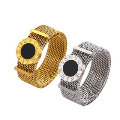 Gold and silver stainless steel roman mesh band ring with black round detail