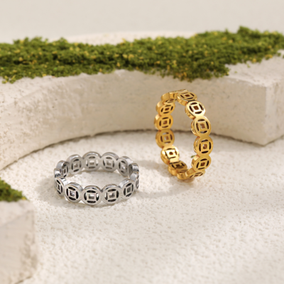 Geometric stainless steel ring in gold and silver plating for wholesale jewelry