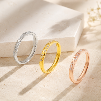 Gold silver and rose gold stainless steel crystal open band rings with adjustable design