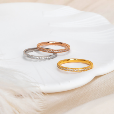Gold silver and rose gold stainless steel slim crystal band rings