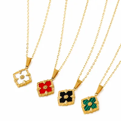 Gold plated stainless steel enamel flower necklace with colorful flower pendants