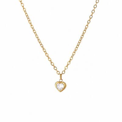 Gold stainless steel dainty heart zircon necklace with small heart pendant