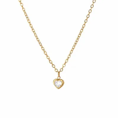 Gold stainless steel dainty heart zircon necklace with small heart pendant
