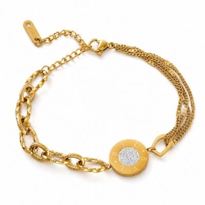 Gold stainless steel roman coin chain bracelet with round coin charm