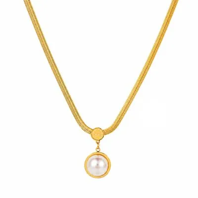 Pearl pendant snake chain necklace in 18K gold PVD stainless steel