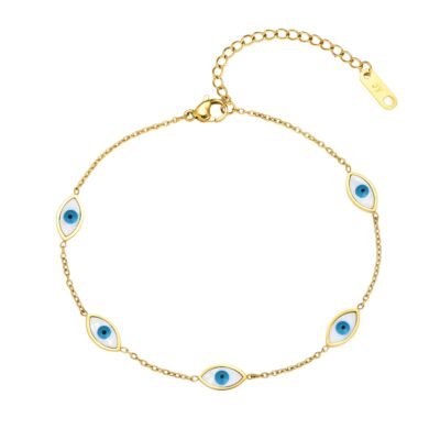 Gold plated stainless steel evil eye bracelet with white and blue enamel charms