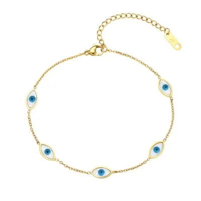Gold plated stainless steel evil eye bracelet with white and blue enamel charms