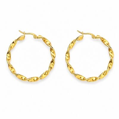 Gold stainless steel twisted hoop earrings on white background