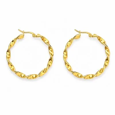 Gold stainless steel twisted hoop earrings on white background