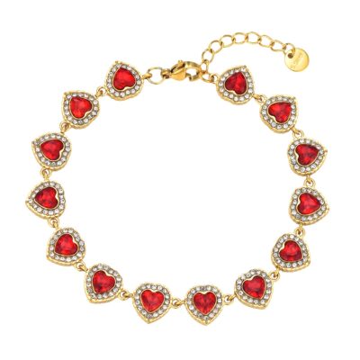 Gold heart crystal bracelet with red heart stones and clear crystal halo details