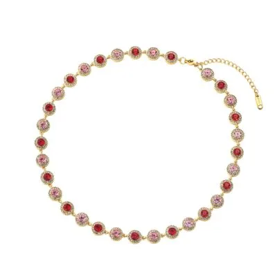 Gold halo crystal necklace with red and pink stones on white background