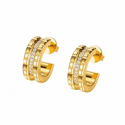 Gold stainless steel crystal open hoop earrings on white background