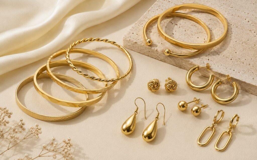 Gold stainless steel earrings and bangles for jewelry brands