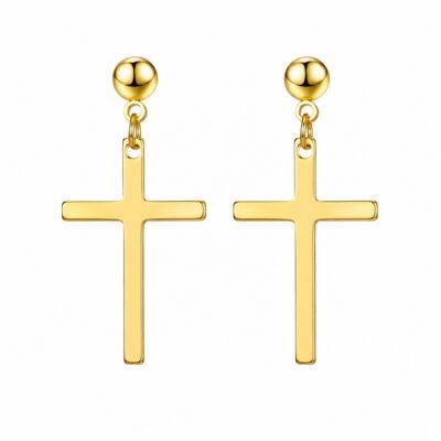 Gold stainless steel cross drop earrings on white background