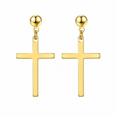 Gold stainless steel cross drop earrings on white background