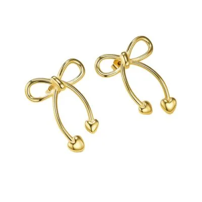 Gold stainless steel bow heart earrings on white background