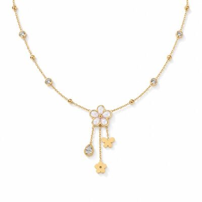 Gold plated stainless steel flower charm necklace with pearlescent petals, stone accents and dangling floral charms