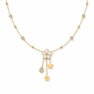 Gold plated stainless steel flower charm necklace with pearlescent petals, stone accents and dangling floral charms