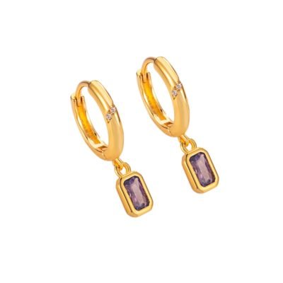 Gold stainless steel purple stone drop earrings on white background
