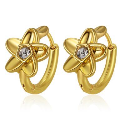 gold crystal flower hoop earrings on white background