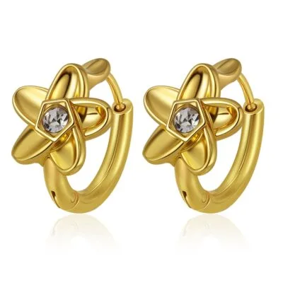 gold crystal flower hoop earrings on white background