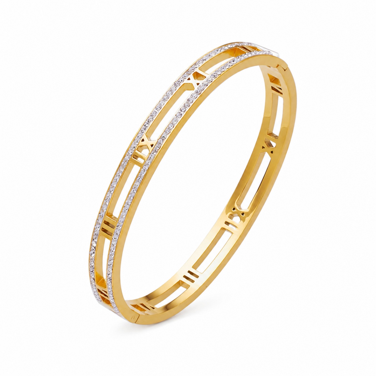 gold crystal roman bangle on white background