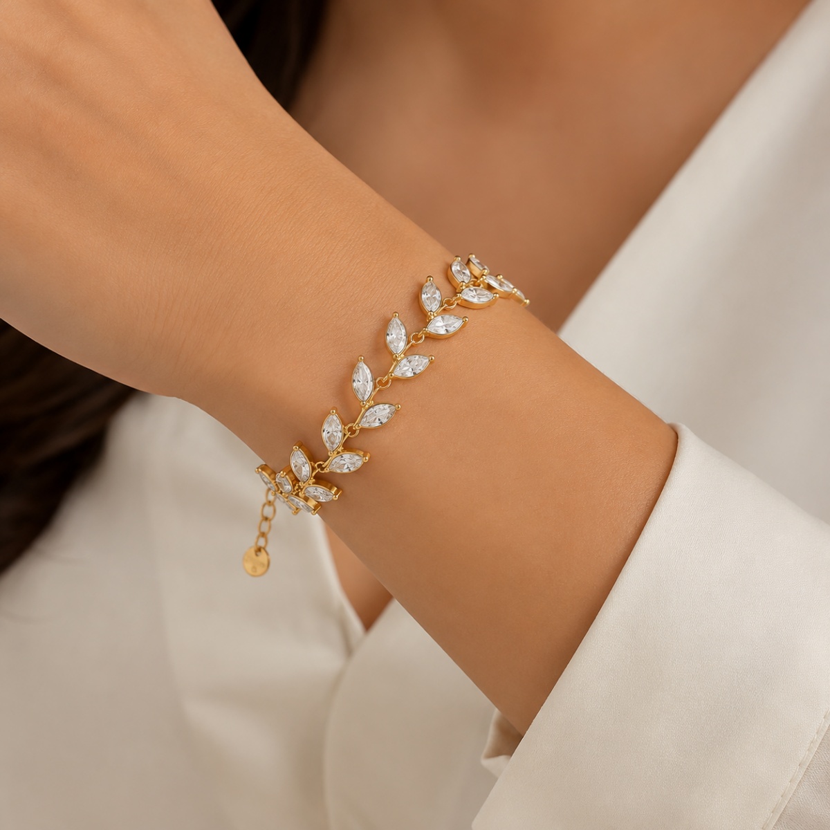 Close-up detail of clear marquise-cut stones on Gold Crystal Leaf Bracelet