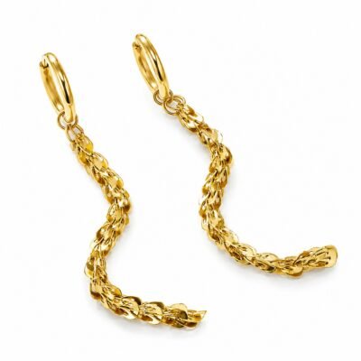 Gold stainless steel chain drop earrings on white background