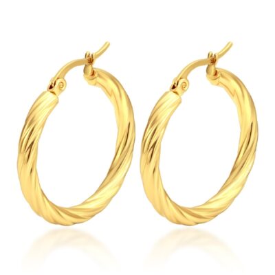 gold twisted hoop earrings on white background