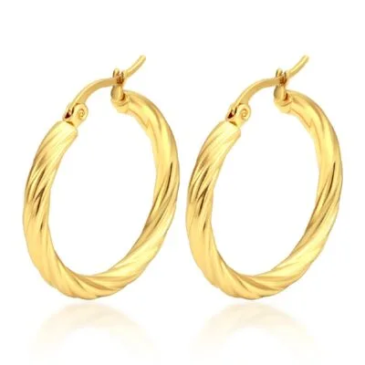 gold twisted hoop earrings on white background