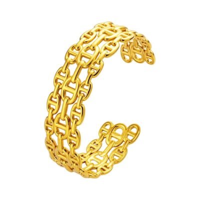 Gold stainless steel chain cuff bangle on white background