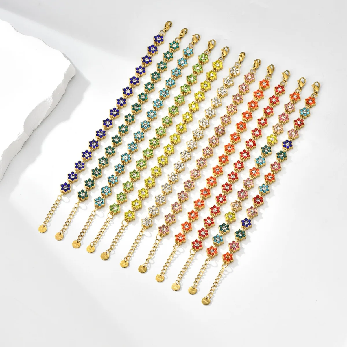Crystal flower bracelet in blue, green, yellow, white, pink, orange and red color options