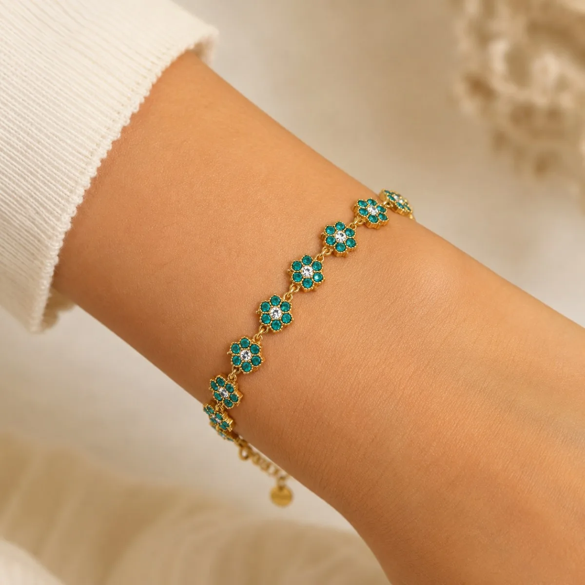 Crystal Flower Bracelet displayed in a jewelry setting