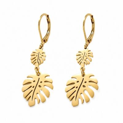 Gold stainless steel leaf drop earrings on white background