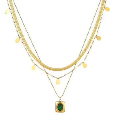 Gold plated layered stainless steel necklace with green stone pendant and polished disc charms